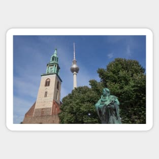 Martin Luther monument in front of St. Marien Church and Berlin TV Tower Sticker